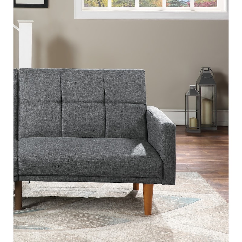Convertible Sofa Bed in Light Grey Fabric with Tufted Cushions and Wooden Legs