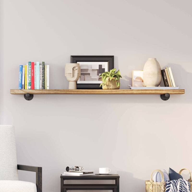 Wallniture 60 or 84 inch Long Wall Shelf, Industrial Pipe Shelving, Wooden Book Shelves for Living Room, Rustic Decor, 1 Pc
