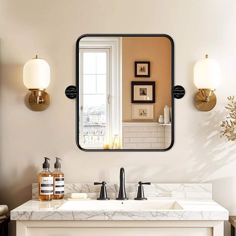 Rectangle Bathroom Tilting Vanity Wall Pivot Mirror, with Rounded Corner Design - 20x24 - Black