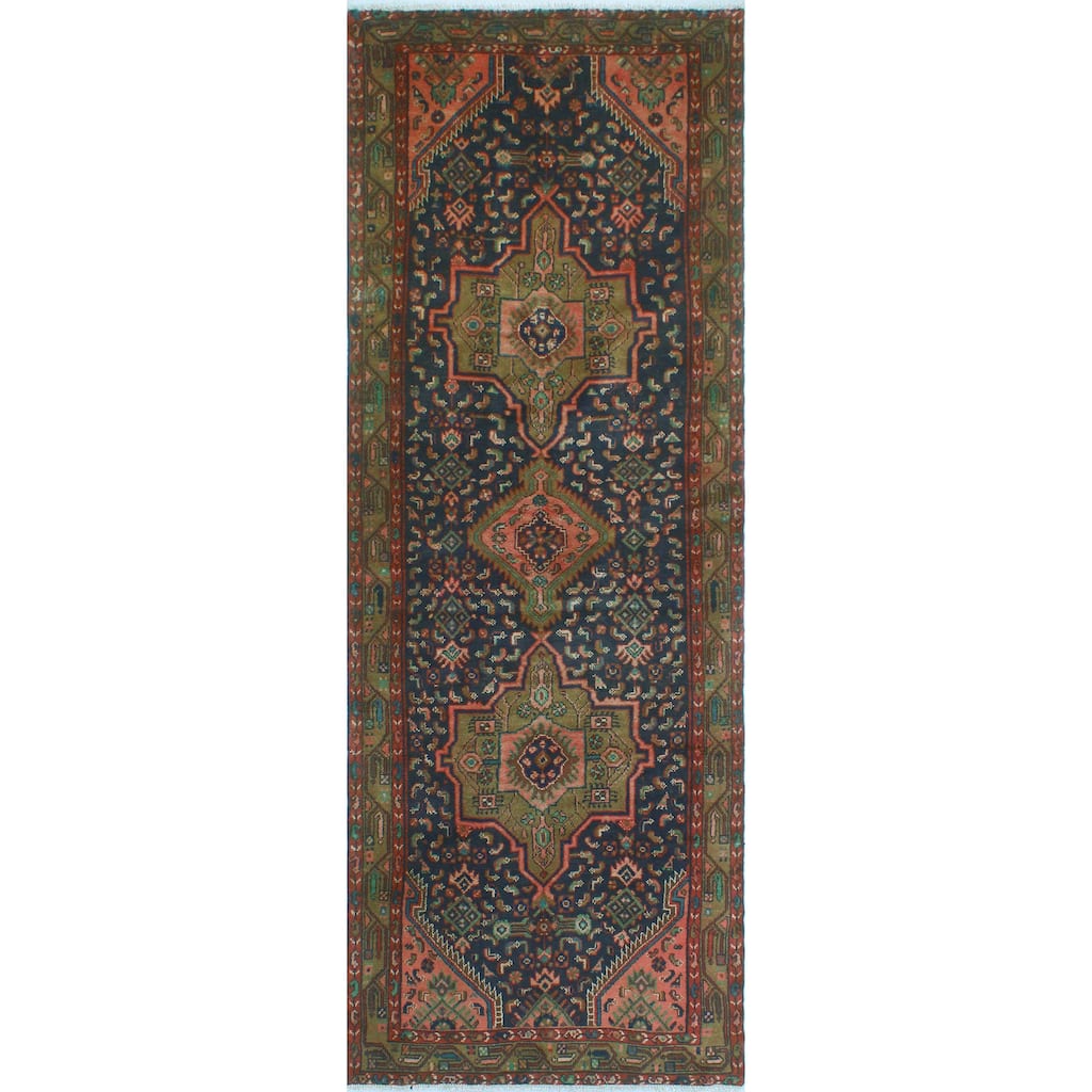 Fine Vintage Distressed Ziba Navy/Rust Runner - 3'6" x 9'8"