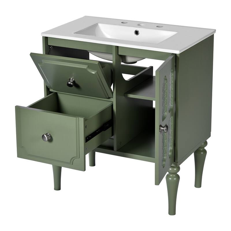 30 Inch Single Sink Freestanding Bathroom Vanity in Green with White Ceramic Top