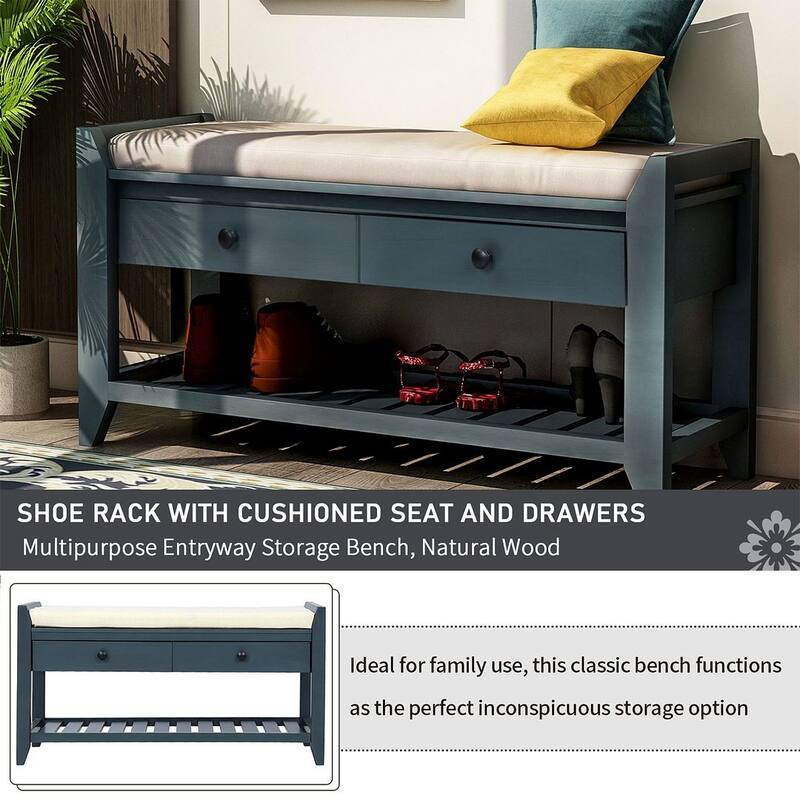 39" Modern Versatile Entry Upholstered Storage Bench with Shoe Rack and Drawers