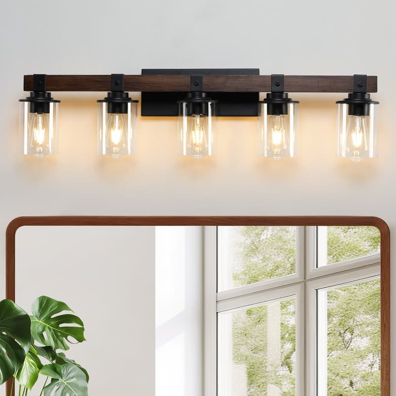 Vanity Light, Industrial Bathroom Wall Sconce with Glass Shades and Wood Accent, Modern Farmhouse Lighting Fixture (No Bulbs) - Black-5Lights