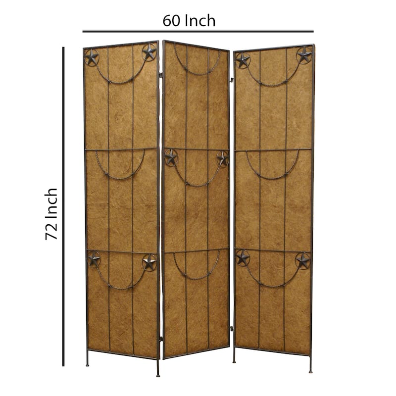 3 Panel Foldable Canvas Grill Screen with Lone Stars, Brown - 6 x 12