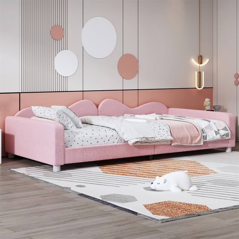 Upholstered Daybed with Cloud-Shaped Backrest, Twin/Full Size Sherpa Fabric Daybed Frame Sofa Bed with Support Legs for Kids