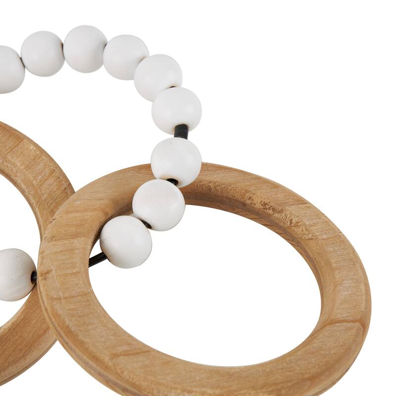 Brown Wood Geometric 3 Link Chain Decorative Sculpture with White Beaded Accents (Set of 2)