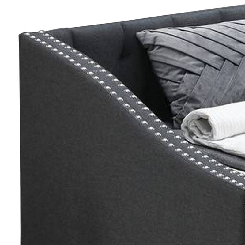 Daybed Sofa w Slats n Trundle Bed, Nailhead Trim, Charcoal Gray Fabric