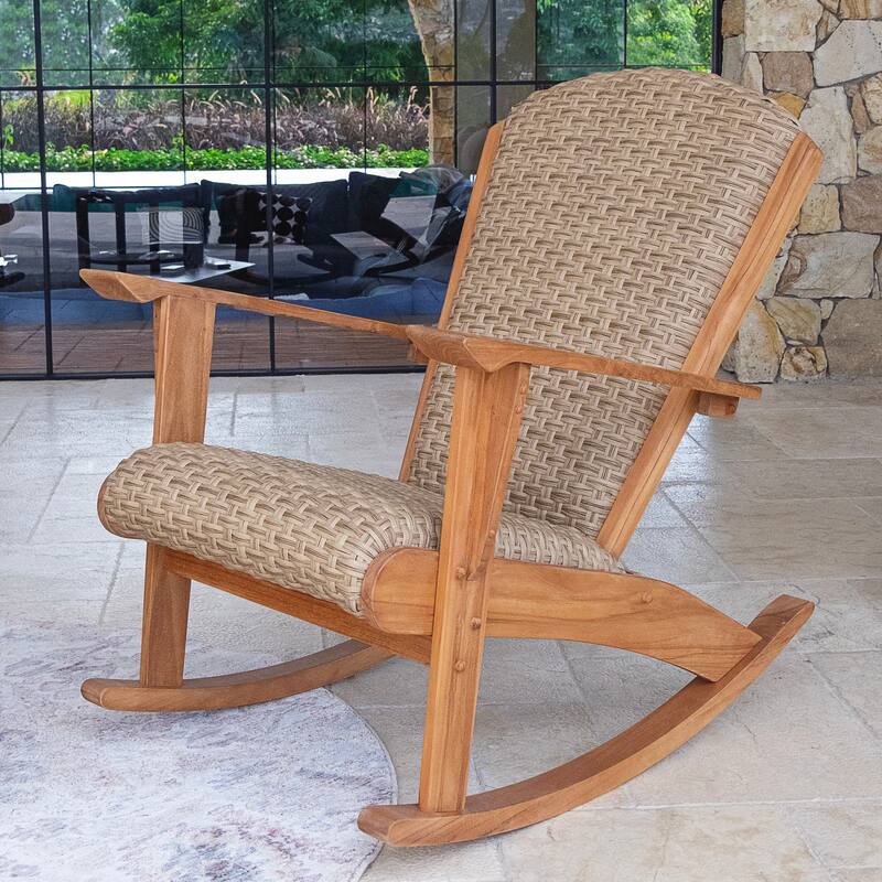 Cambridge Casual Camden 3-Piece Teak Wood Outdoor Rocking Chair Set with Padded Woven Seat