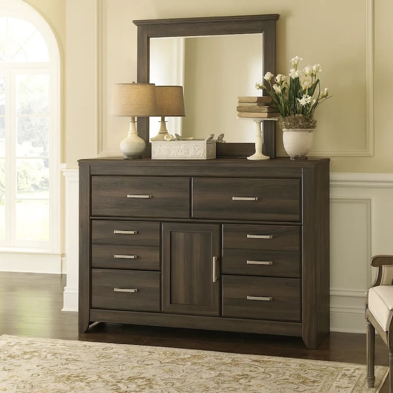 Rye 2pc Dresser and Mirror Set, 6 Drawers w Cabinet, Dark Brown