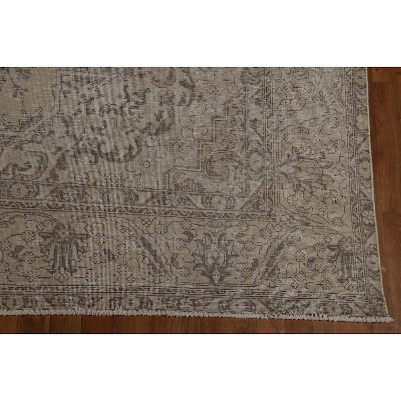 Tabriz Persian Vintage Area Rug Handmade Beige Wool Carpet - 9'4" x 12'10"