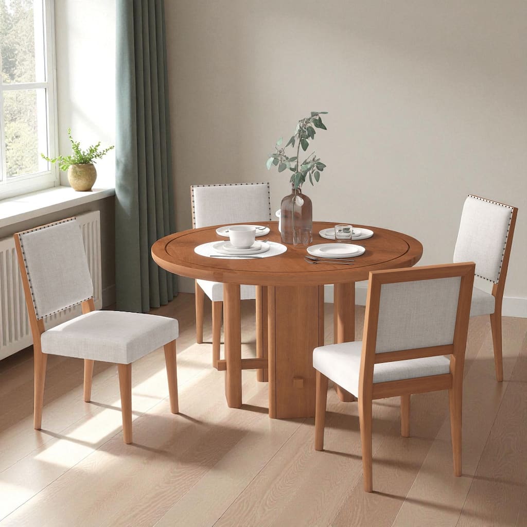 5-Piece Round Farmhouse Dining Table Set, 46.9" Wood Table with 4 Upholstered Chairs, Modern Rustic Kitchen Furniture