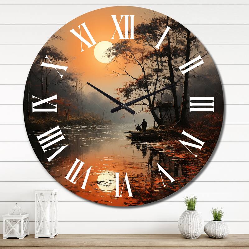 Designart "Orange Lake Misty Morning Reflections III" Landscapes Oversized Wall Clock - 36 In. Wide x 36 In. High