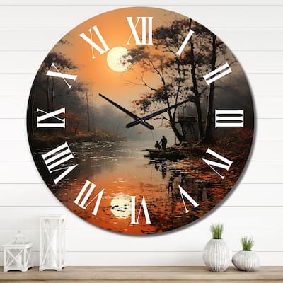 Designart "Orange Lake Misty Morning Reflections III" Landscapes Oversized Wall Clock