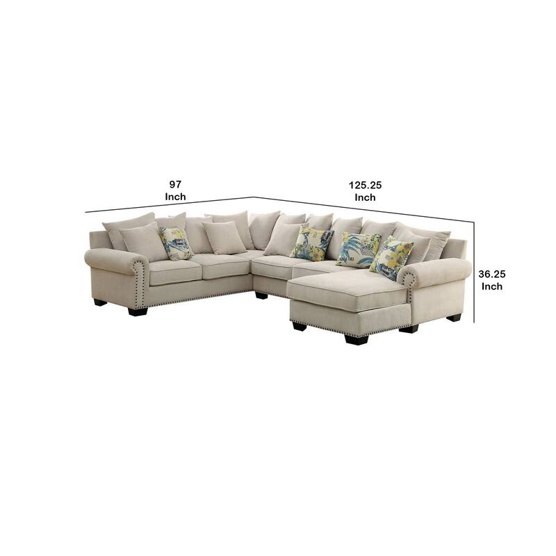 Nailhead Trim Fabric Upholstered Sectional Sofa with Rolled Armrests, Beige