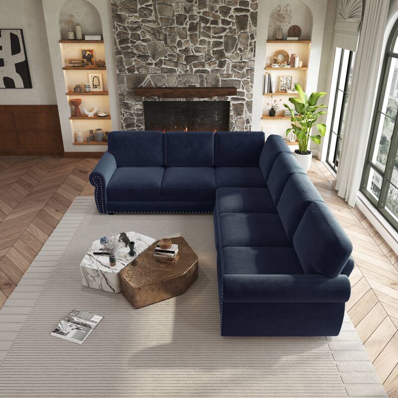 L-Shaped Sectional Sofa with Pull-Out Bed, Oversize Convertible Sleeper Sofa with Rolled Arms, Chenille Upholstery