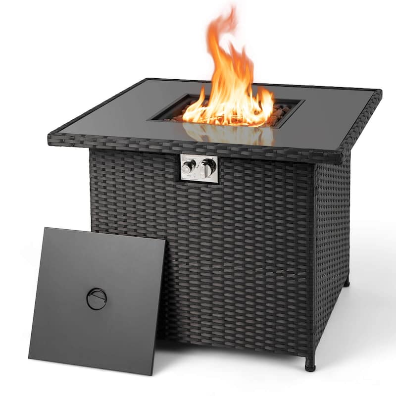 Costway 32.5" Propane Fire Pit Table Outdoor Wicker Gas Firepit with - See Details - Black