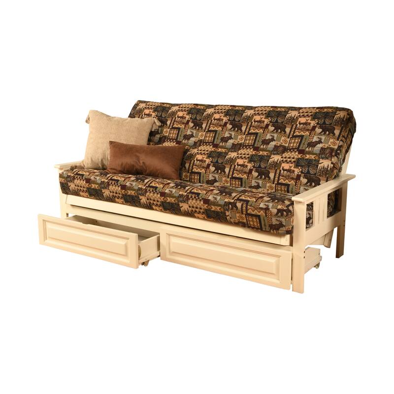Somette Beli Mont Futon Set with Antique White Hardwood Frame, Rustic Pattern Cotton/Polyester Mattress, and Storage Drawers