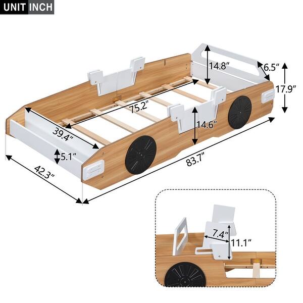 Natural Racing Car Platform Bed, Adjustable Gear Positions, Storage Holder, Playful Design