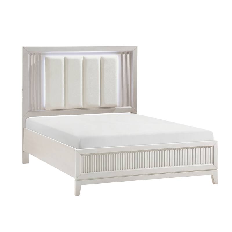 Queen Bed with LED Headboard and Upholstered Cushion, Reeded Fronts, Modern Bedroom Furniture - Antique White Finish