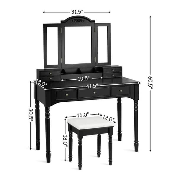 Gymax 7 Drawers Vanity Set Dressing Table W Tri Folding Mirror Black On Sale Overstock 28739175