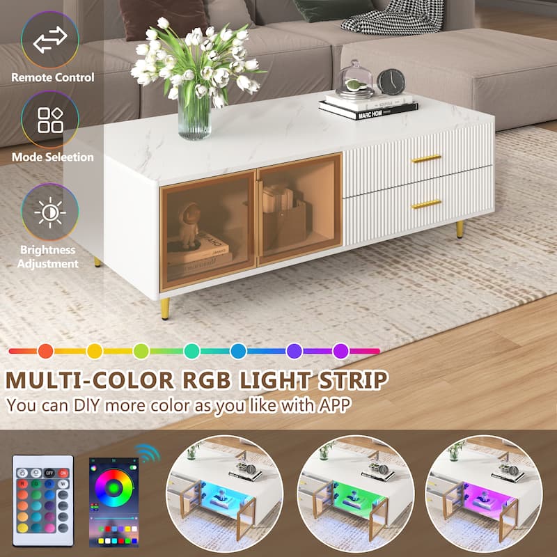 Modern 47.2" Coffee Table with 2 Glass Door Storage, 4 Drawers, Wooden Decorative Cocktail Table with Gold Metal Legs