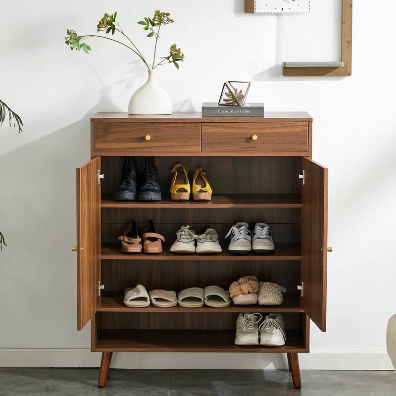 Rattan Weaving Shoe Cabinet, Multi-Functional Shoe Rack Organizer, Sideboard Buffet with Top Drawers & Lower Cabinet Doors