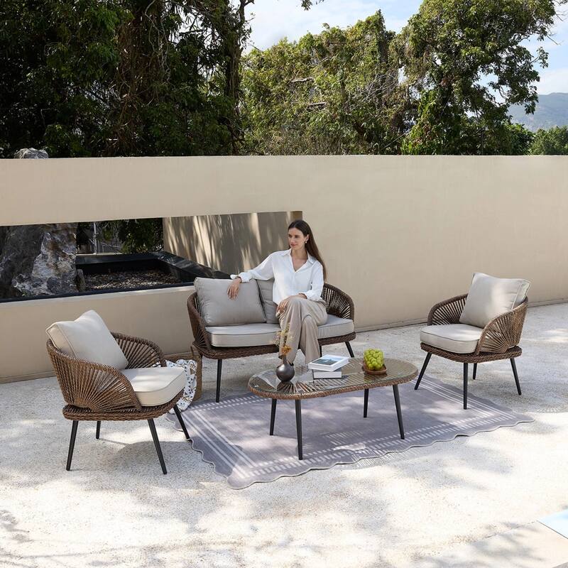 4-Person Outdoor Wicker Patio Conversation Seating Set with Coffee Table,