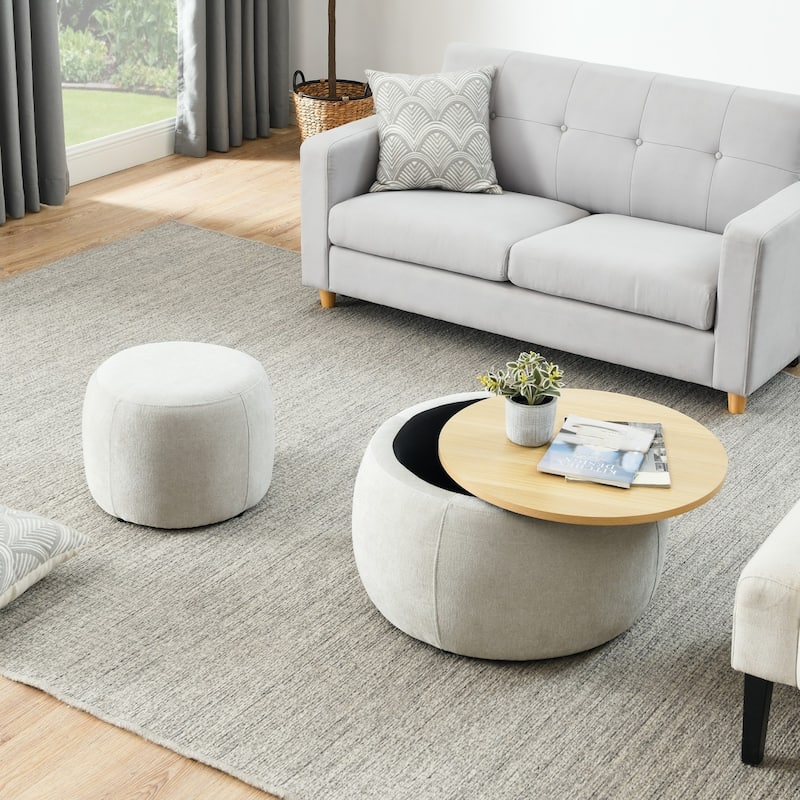 Round Storage Ottoman, 2 in 1 Function, Work as End table and Ottoman,with small seat