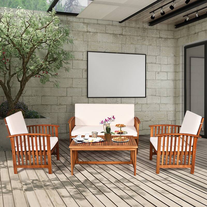 Costway 4PCS Patio Solid Wood Furniture Set Conversation Coffee Table - 4-Piece Sets