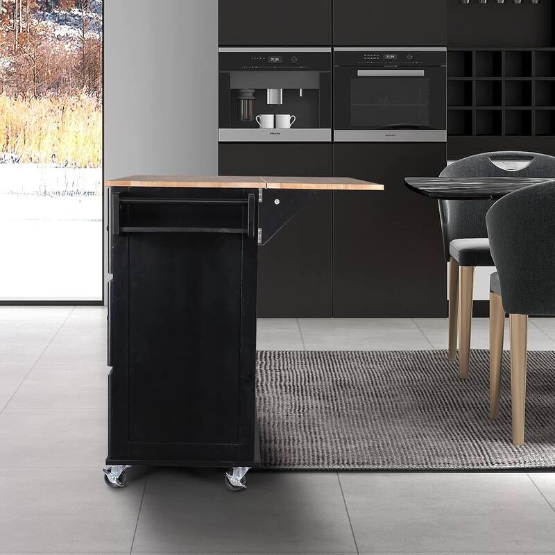 Rolling Kitchen Island with Drop Leaf - Mobile Cart with Wooden Countertop, Spice Rack, Adjustable Shelves & Drawers