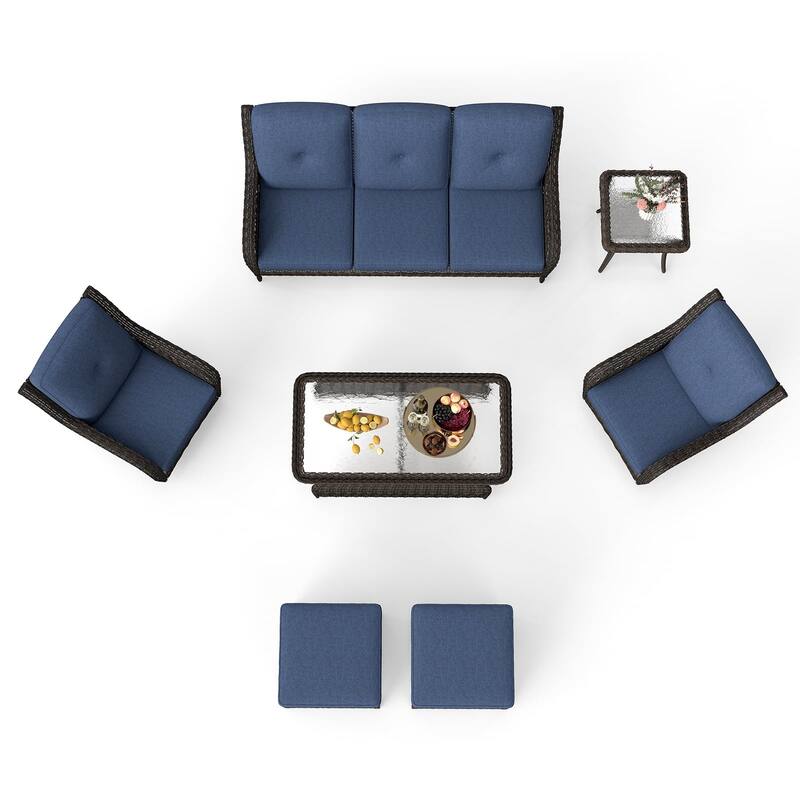 7 Pieces Patio Furniture Set with Swivel Rocking Chair, Coffee Table, Side Table for Backyard, Garden, Navy Blue/Beige/Orange