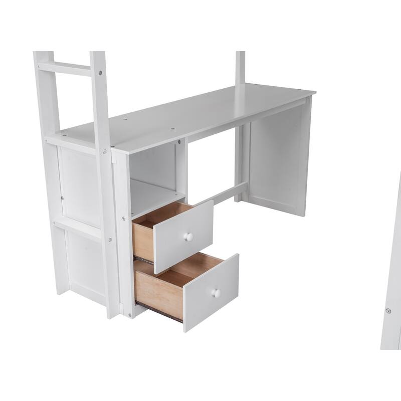 Wood Full Loft Bed with Built-in Desk, Wardrobes, and Storage Drawers