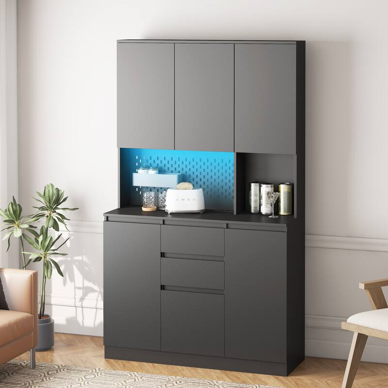 Roomfitters 74" Kitchen Pantry Cabinet with Charging Station & USB Ports, Large Food Storage Cupboard, Microwave Stand