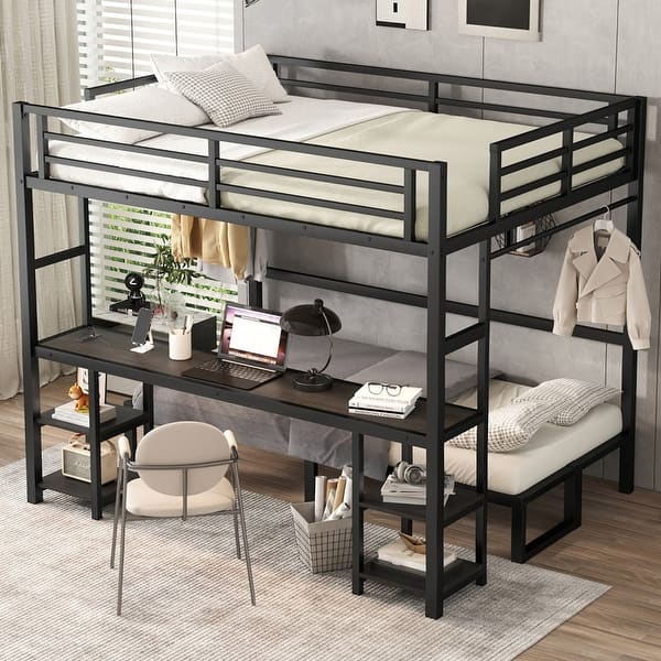slide 2 of 14, Queen Over Twin XL Metal Bunk Bed / Loft Bed with Desk and Shelves, Multiple Uses Bed Frame with LED Light and Charging Station Black