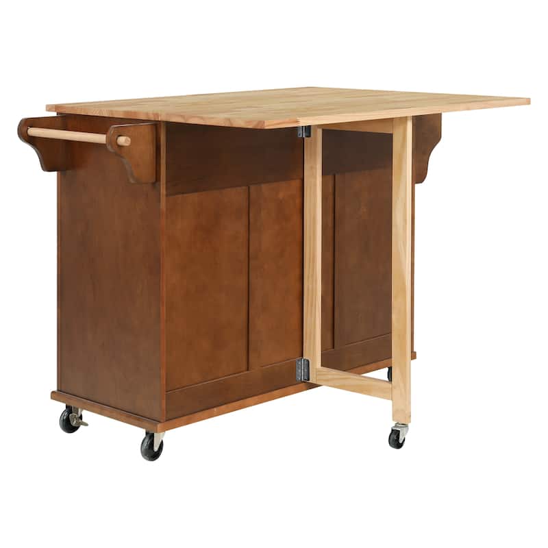 Wood Top Kitchen Island w/ Drop Leaf&Double Storage