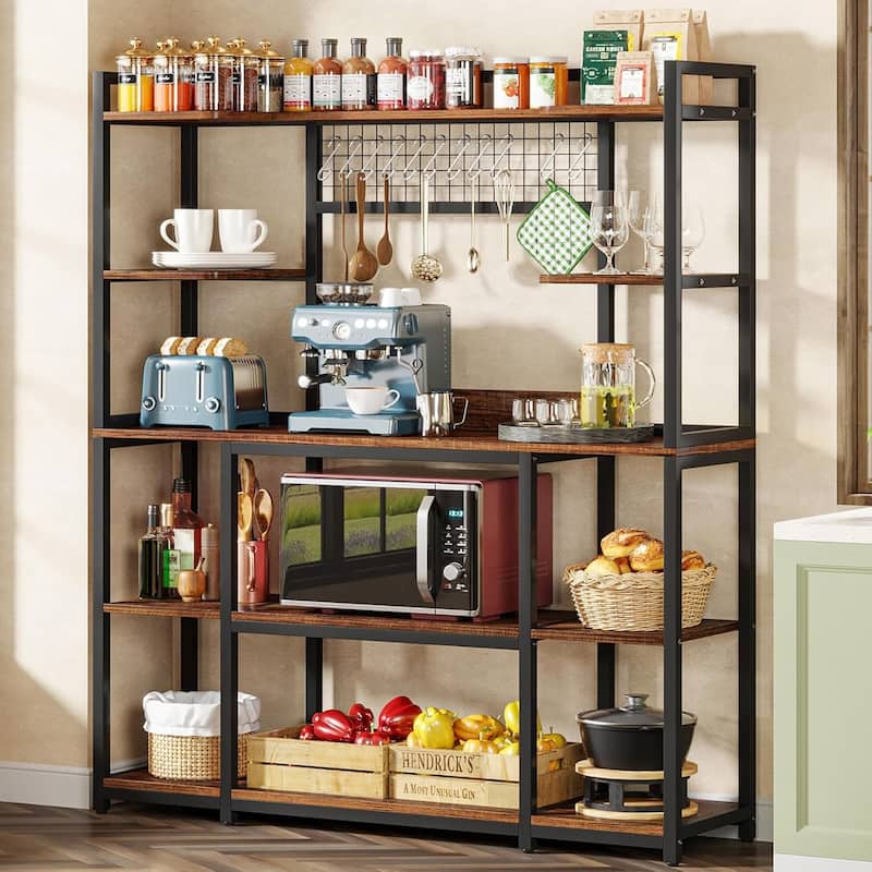 Large 55" Baker's Rack with Hutch -5-Tier Storage Shelf with Hooks & Microwave Stand, Kitchen Hutch Cabinet with Metal Frame - Black