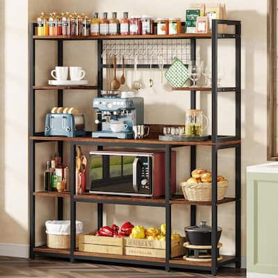 Large 55" Baker's Rack with Hutch -5-Tier Storage Shelf with Hooks & Microwave Stand, Kitchen Hutch Cabinet with Metal Frame