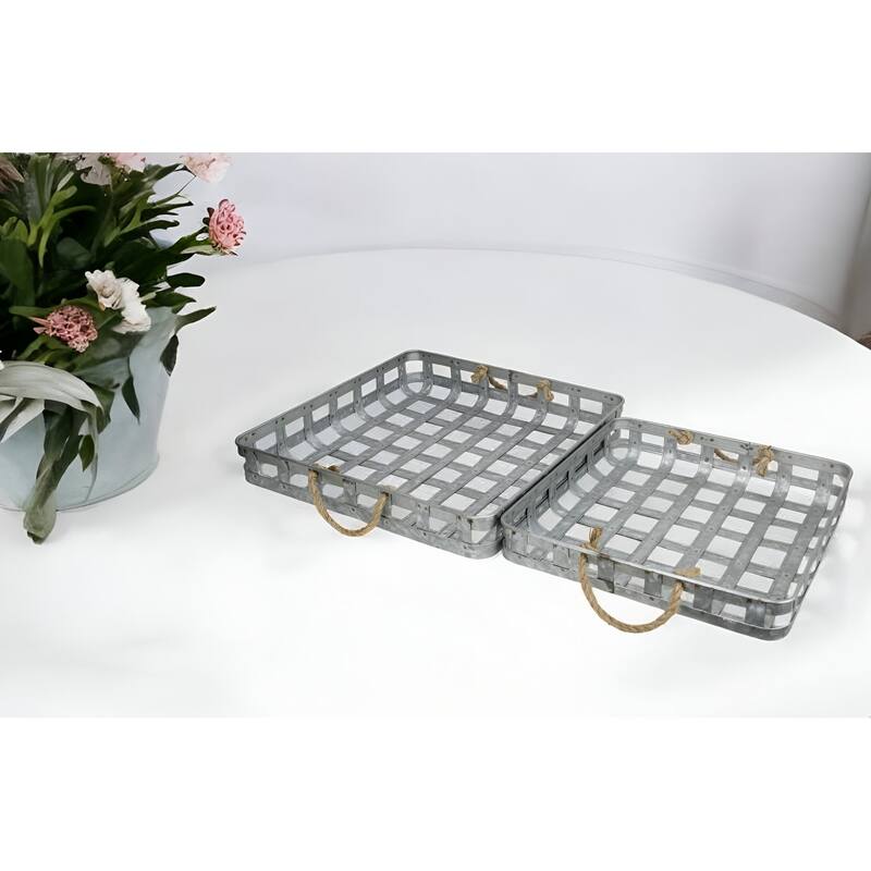 Set Of Two 17" Gray Rectangular Metal Handmade Trays With Rope Handles - Gray