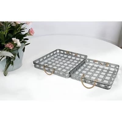Set Of Two 17" Gray Rectangular Metal Handmade Trays With Rope Handles