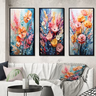 Designart "Multicolored Ferns Collage VII" Floral & Botanical Framed Wall Art Set Of 3 For Home Decor