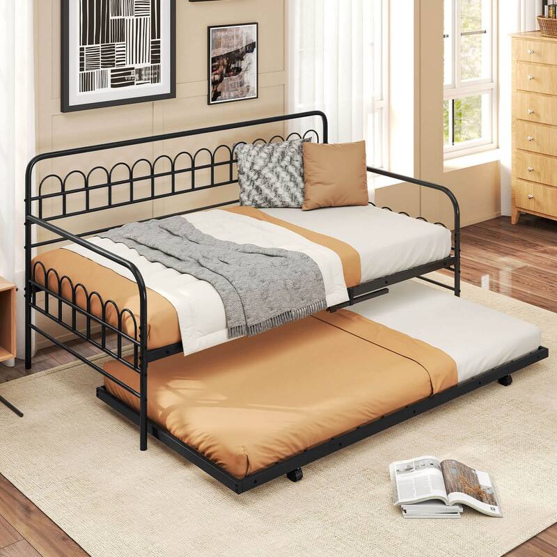 Costway Twin Daybed with Trundle Curved Backrest & Armrests Heavy-duty