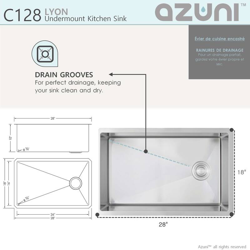 AZUNI 28 inches L x 18 inches W Single Bowl Undermount 16G Reversible Kitchen Sink with Grid and Basket Strainer C128