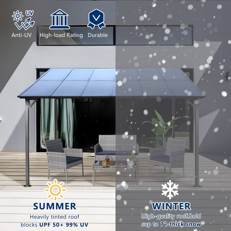 10'x12' Wall-Mounted Metal Pergola Gazebo with Polycarbonate Roof for Patio, Deck & Backyard