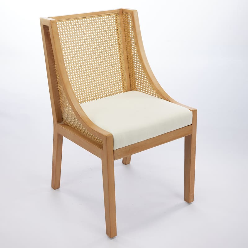 Rattan Dining Chairs, Solid Wood Frame with Decorative Armrests, Linen Upholstered Seat, Wooden Style Side Chairs,Single Pack