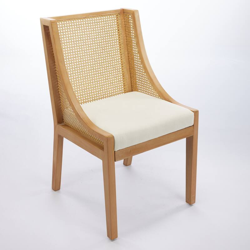 Roomfitters Rattan Dining Chair, Solid Wood Frame with Linen Seat, Rustic Cane-Back Accent Side Chair for Dining Room or Kitchen