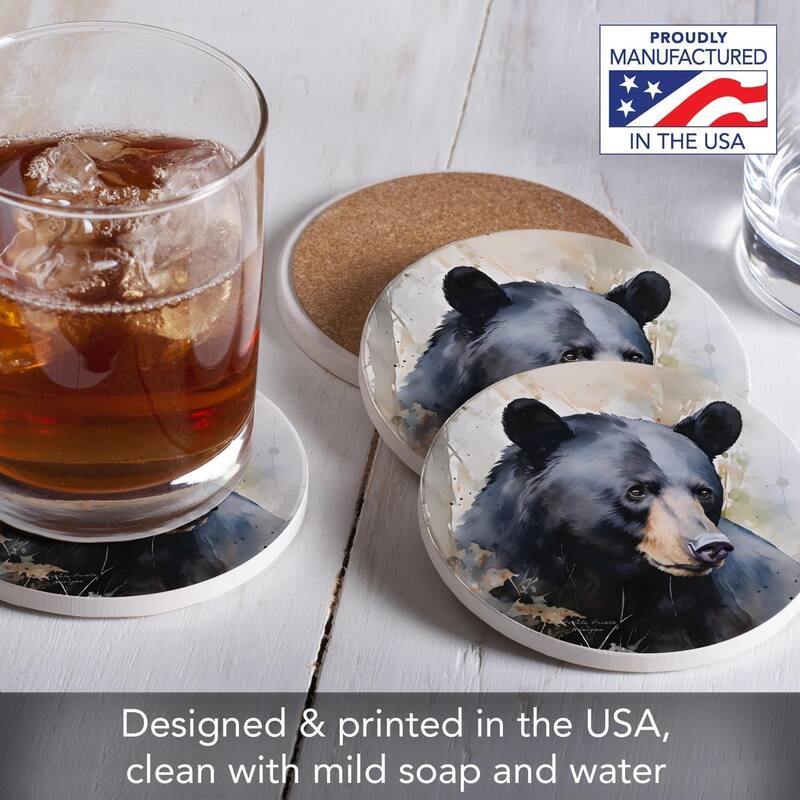 Wilderness Bear 4-Pack Round Absorbent Stone Coasters with Protective Cork Backing Manufactured in The USA