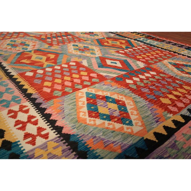 Geometric Kilim Oriental Area Rug Bedroom Flatweave Wool Carpet - 8'3" x 11'5"