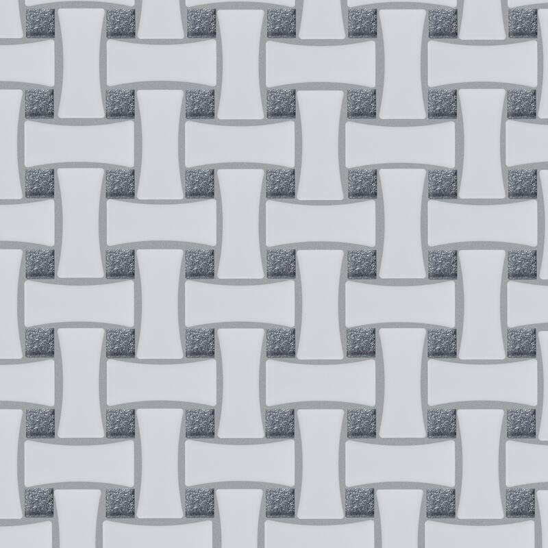 Merola Tile Metro Dog Bone Basketweave Matte White with Glass Silver Dot 10" x 10" Porcelain Mosaic Wall Tile