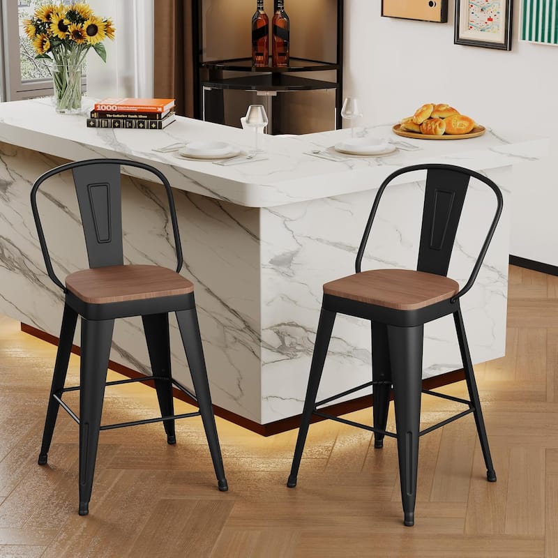 Counter & Bar Stools with Metal Frame Kitchen Stools with High Back Kitchen Bar Furniture Stools with Wooden Seat - Black - Bar Height - Set of 2