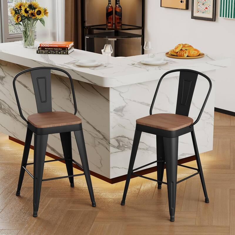 Counter Stools with Metal Frame Counter Height Bar stools with High Back 24" Kitchen Bar Furniture Stools with Wooden Seat